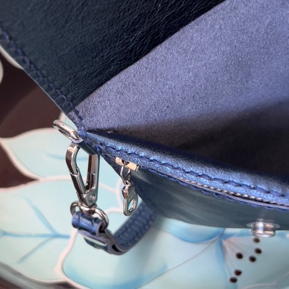 Handmade Blue Metallic Leather Clutch, Detachable Strap, Nickel Hardware, NWT - Picture 8 of 13